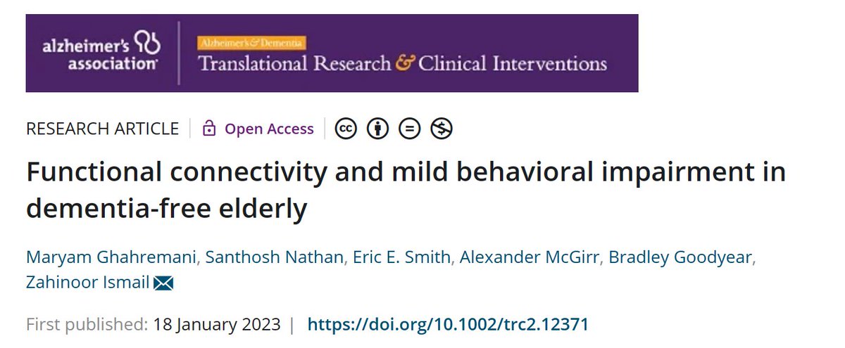 A novel paper investigating functional connectivity correlates of #mildbehavioralimpairment in dementia-free older adults has been published by @Maryam66627 and colleagues. Read more about it: alz-journals.onlinelibrary.wiley.com/doi/full/10.10… #research
