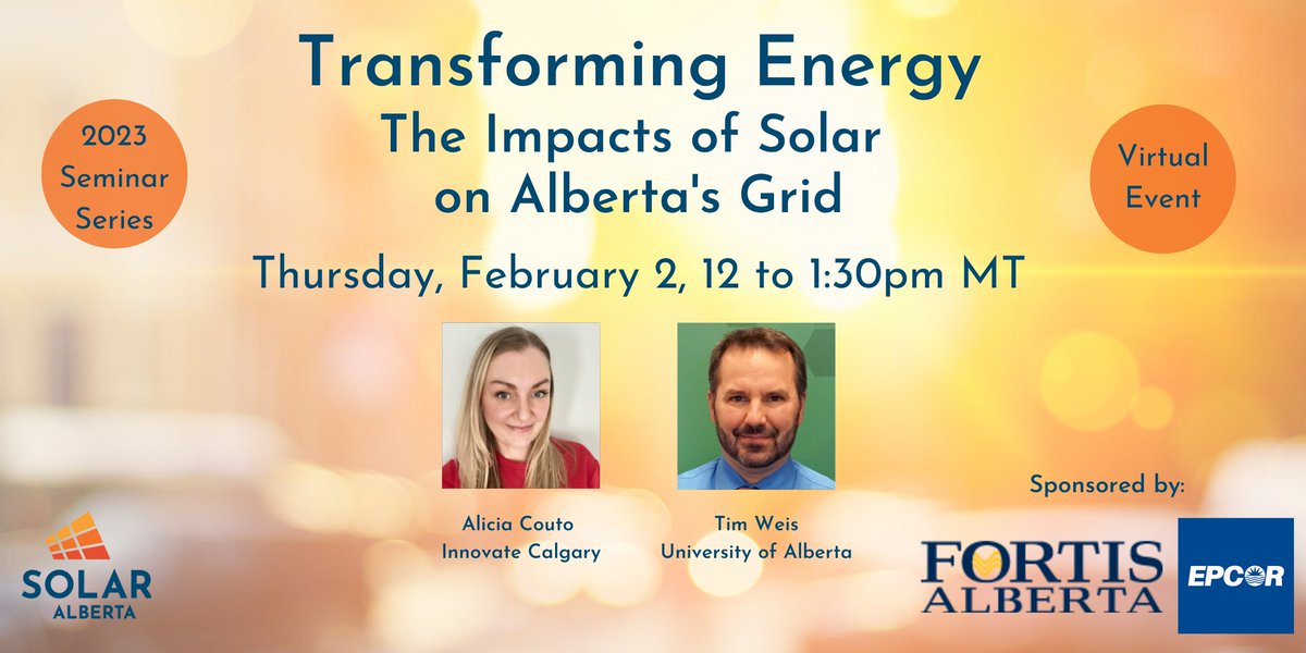 Join us Feb 2 at noon for Transforming Energy: The Impact of Solar on Alberta's Grid

Panelists will give an overview of what decentralized energy is and the impacts of solar on Alberta’s distribution and transmission infrastructure

ow.ly/TvMK50Ms6Y2