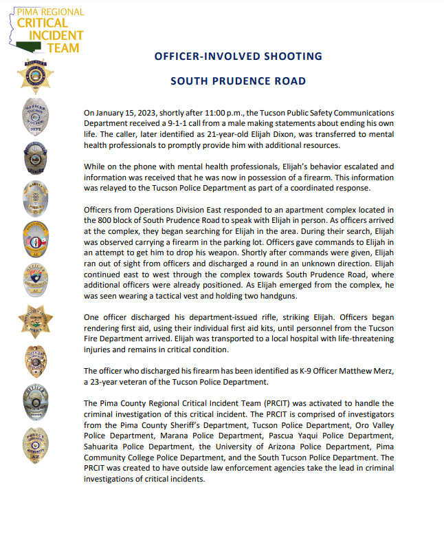 PimaTeam's tweet photo. Pima Regional Critical Incident Team Media Release:  TPD OIS South Prudence Road. https://t.co/GSsg1c4o6Z