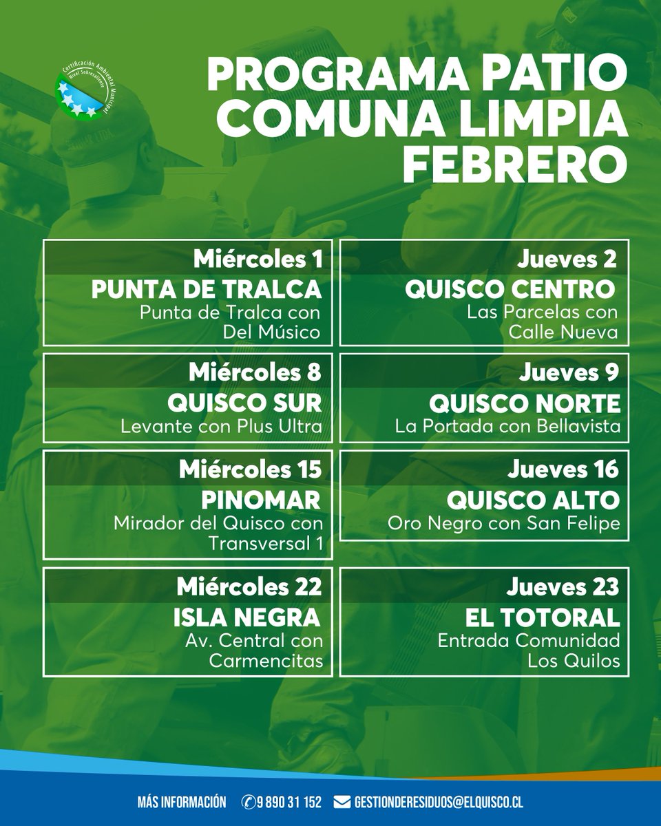 ElQuiscoMuni's tweet photo. CALENDARIO #PATIOYCOMUNALIMPIA 🌵
FEBRERO 2023
Desliza la imagen y revisa dónde estará el contenedor del programa Patio y Comuna Limpia, instancia en la que se reciben #voluminosos y #restosdepoda.
*De 9:00 a 12:30 horas, o hasta completar capacidad.
#pcl #elquiscolimpio https://t.co/YnSJ6ac45i
