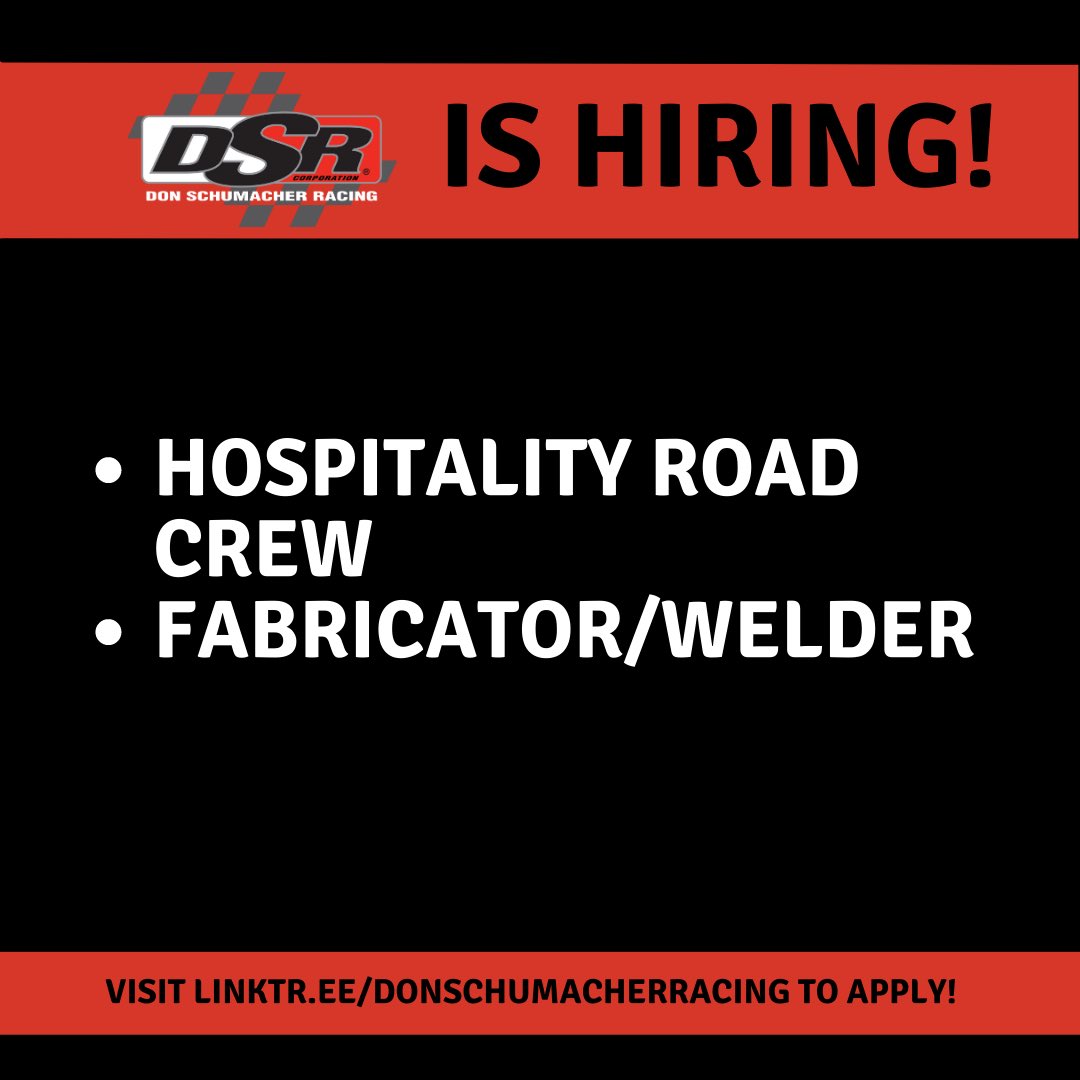 ❗️Are you or someone you know passionate about motorsports, and looking for a career within the @NHRA Community? DSR is looking for passionate, hard-working individuals to apply for a Fabrication and/or Hospitality Road Crew position! For more info: 👉 linktr.ee/DonSchumacherR…