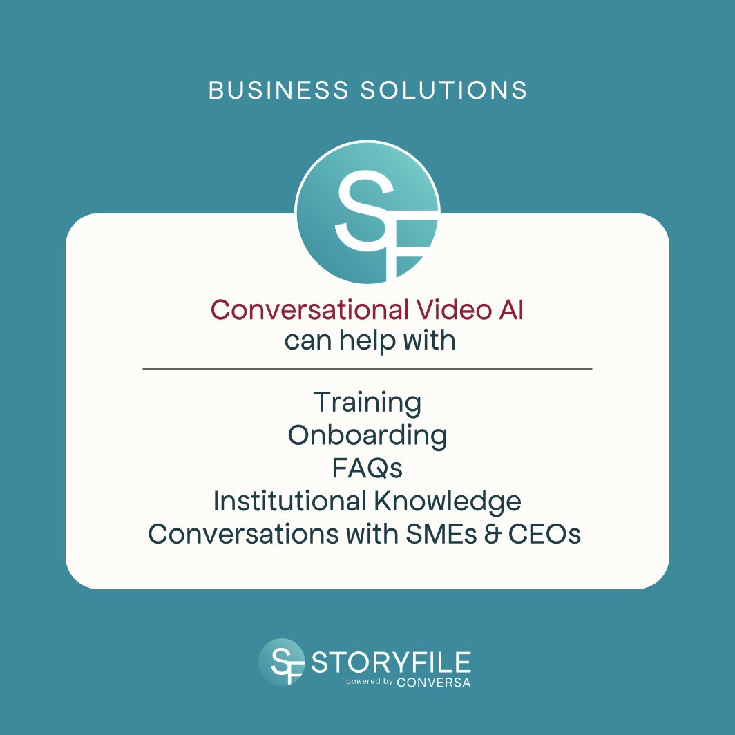 StoryFile's tweet image. Interested? Visit StoryFile.com and request a free demo today. 

#StoryFile #ConversationalVideo #ConversationalAI #FreeDemo #BusinessSolutions #AI #HR #Training #Onboarding