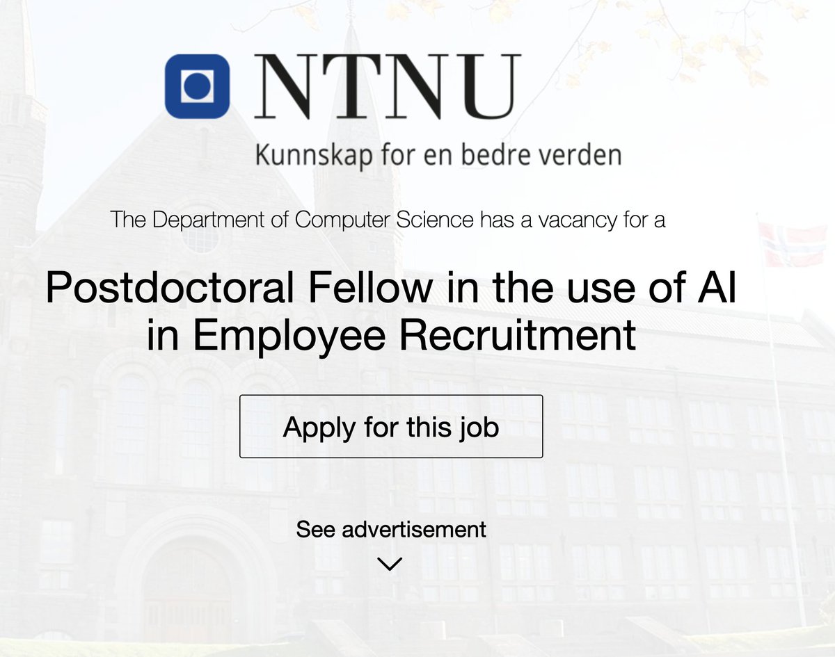 🔍We are hiring a #postdoc for the <a href="/BIASProjectEU/">BIAS Project</a> at <a href="/NTNU/">NTNU</a>, dep. of #ComputerScience. You'll focus on bias, discrimination &amp; unfairness problems related to the use of AI in employee recruitment processes. 
Read &amp; apply by 26.February here:
jobbnorge.no/en/available-j… #HIRINGNOW #AI