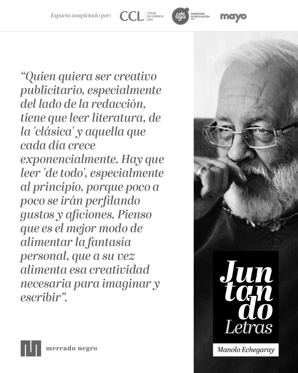 mercado_negro's tweet photo. En su columna “Juntando Letras”, Manolo Echegaray hace un nos cuenta su percepción acerca de la importancia de cultivar el hábito de la lectura, sobre todo para quienes quieran ser creativos publicitarios.📌Lee su artículo completo aquí ► https://t.co/EO1aL9tDHY https://t.co/jmx0LxVSK1