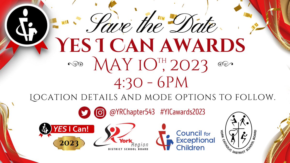 We’re Back! The <a href="/YRDSB/">York Region DSB</a> <a href="/YCDSB/">York Catholic District School Board</a> and <a href="/YRChapter543/">CEC York Region Chapter 543</a> are hosting the York Region Yes I Can! Awards on May 10, 2023. Stay tuned for more info to come! #YICawards2023