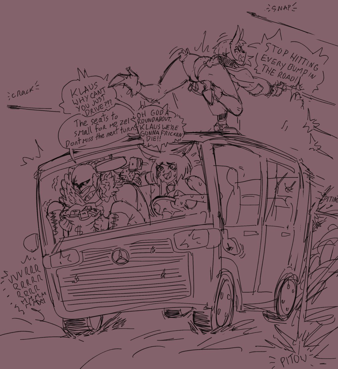 Was told to post this by a fren, dumb sketch of these 3 idiots making a get away in a shitty little van thing