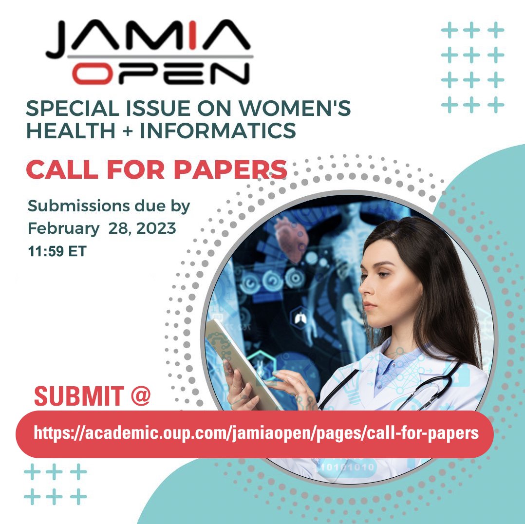 JAMIAOpen invites you to submit your research in the Women's Health Focus Issue on #womenshealth and #informatics, #healthinformatics, #tech, and #IT areas-&gt; lnkd.in/g5Gke8g6. Please share!

We are also looking for reviewers! Sign up today -&gt; lnkd.in/gqhh67SP.