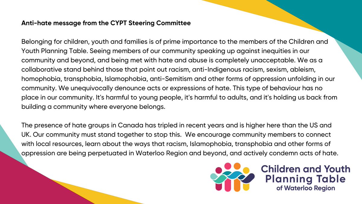 Members of CYPT unequivocally denounce acts of expressions of hate. And we stand together with all partners (such as the <a href="/wrdsb/">Waterloo Region DSB</a> ) who are working to ensure the belonging of ALL children and youth. 

➡️bit.ly/3j4pGye