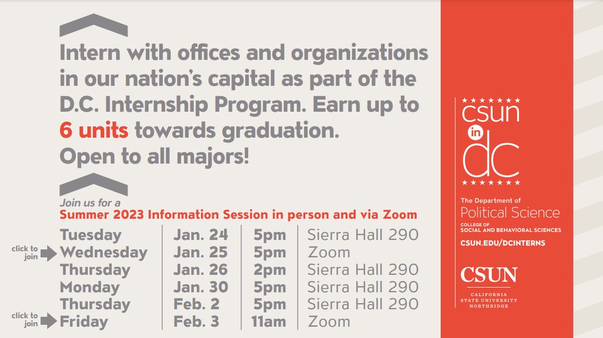 CSUNPoliSci's tweet image. Hope the first week of classes have been going well!

If you are interested in the DC internship program, make sure to attend one of the information sessions. The next in person one is today at 2pm in Sierra Hall 290, with more next week (including a zoom session on Friday)!