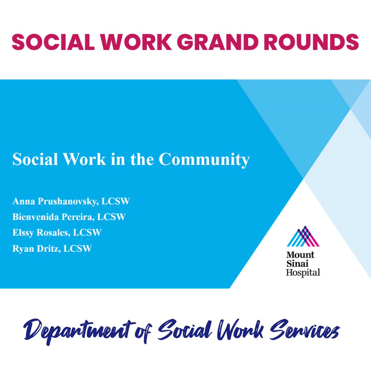 SocialWorkMSH's tweet photo. “Social Work in the Community”⁣⁣
 ⁣⁣
Today in the Department’s monthly grand rounds presentation, four of our social workers presented on benefits and challenges of practicing social work in a community setting.

#healthcare #socialworkers #community #mountsinainyc https://t.co/Ob49VIB0ew