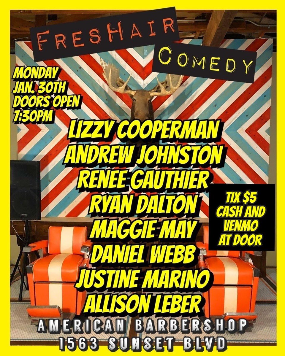 ComedyFreshair's tweet photo. JUSTINE MARINO is on #FresHairComedy💈MON JAN 30TH 8pm! TIX $5 cash or Venmo at the door. BYOB! https://t.co/RkLPWB2w8l