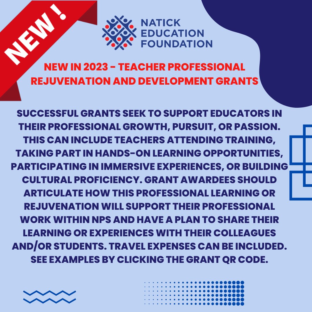 #NatickTeachers, have you heard of our new Teacher Professional Rejuvenation and Development Grants? Examples:

Teacher travels to historical location to build an in-depth understanding of time period they teach

Tweet 1/2
