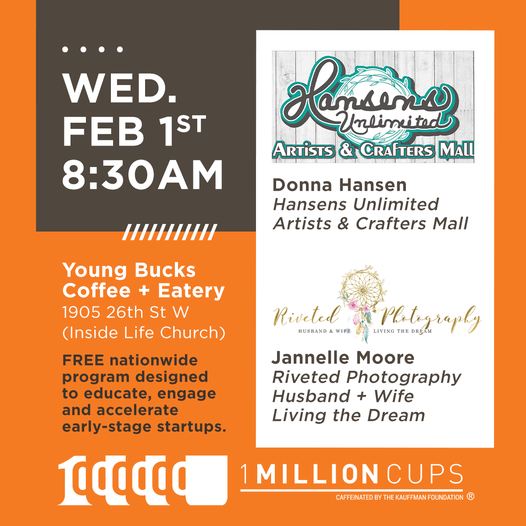 WillistonEcon's tweet photo. Thinking about starting a business in Williston? Join 1 Million Cups on Wednesday, February 1st, at 8:30 a.m. at Young Bucks Coffee &amp; Eatery to learn the ropes from other entrepreneurs! The meetings and coffee are FREE! 
#1MC #Entprepreneurs #Coffee https://t.co/bL3Yak451e
