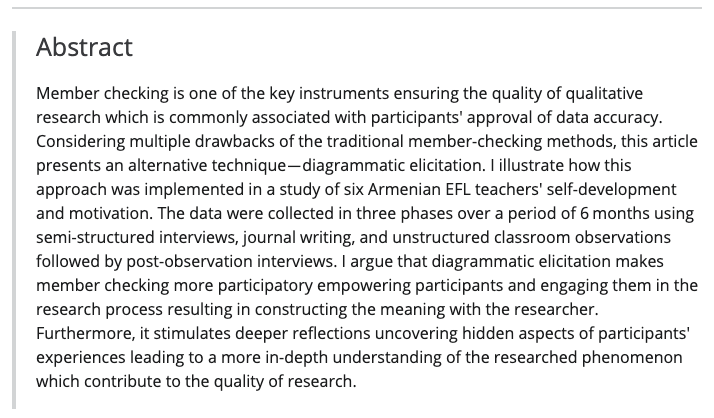 TESOL Quarterly (@tesol_quarterly) on Twitter photo New Invited Research Issue article on Early View:
“Member-Checking through Diagrammatic Elicitation: Constructing Meaning with Participants” by Taguhi Sahakyan <a href="/tagsah/">Dr. Taguhi Sahakyan</a>
Check it out here:
doi.org/10.1002/tesq.3… New Invited Research Issue article on Early View:
“Member-Checking through Diagrammatic Elicitation: Constructing Meaning with Participants” by Taguhi Sahakyan <a href="/tagsah/">Dr. Taguhi Sahakyan</a>
Check it out here:
doi.org/10.1002/tesq.3…