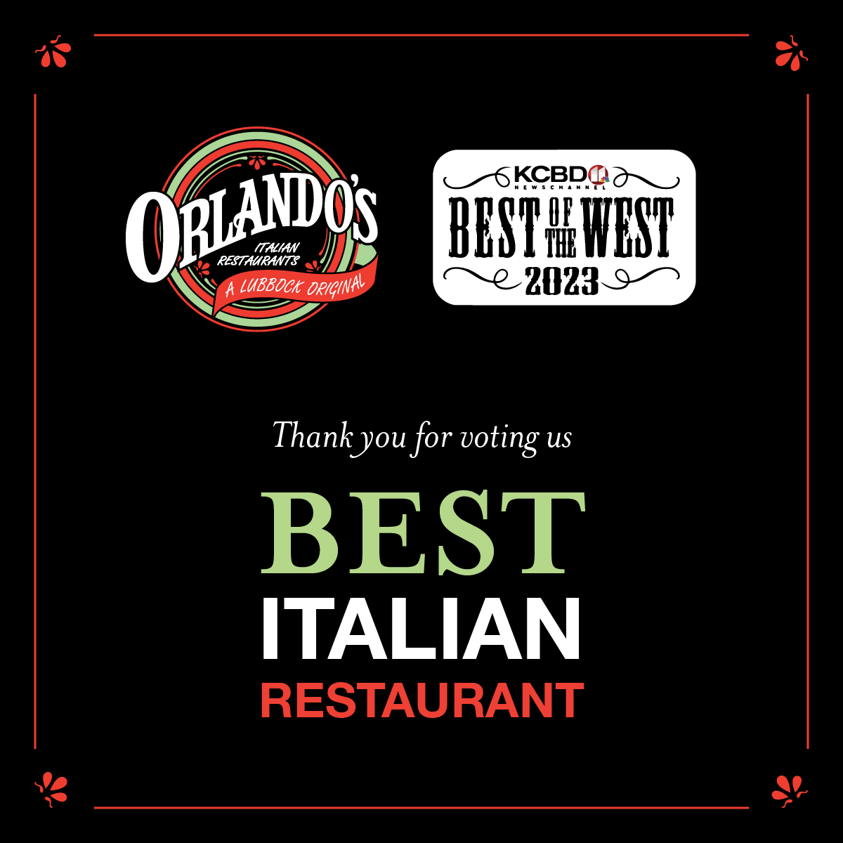 OrlandosItalian's tweet photo. π THANK YOU LUBBOCK for voting us #BestItalianRestaurant year after year! π We would be nothing without our loyal fanbase, our incredible employees and our spirited leadership team! Thank you for making #TexItalian a #LubbockFavorite ππ₯ #BestOfTheWest #LubbocksBest https://t.co/HzthUSeDlH