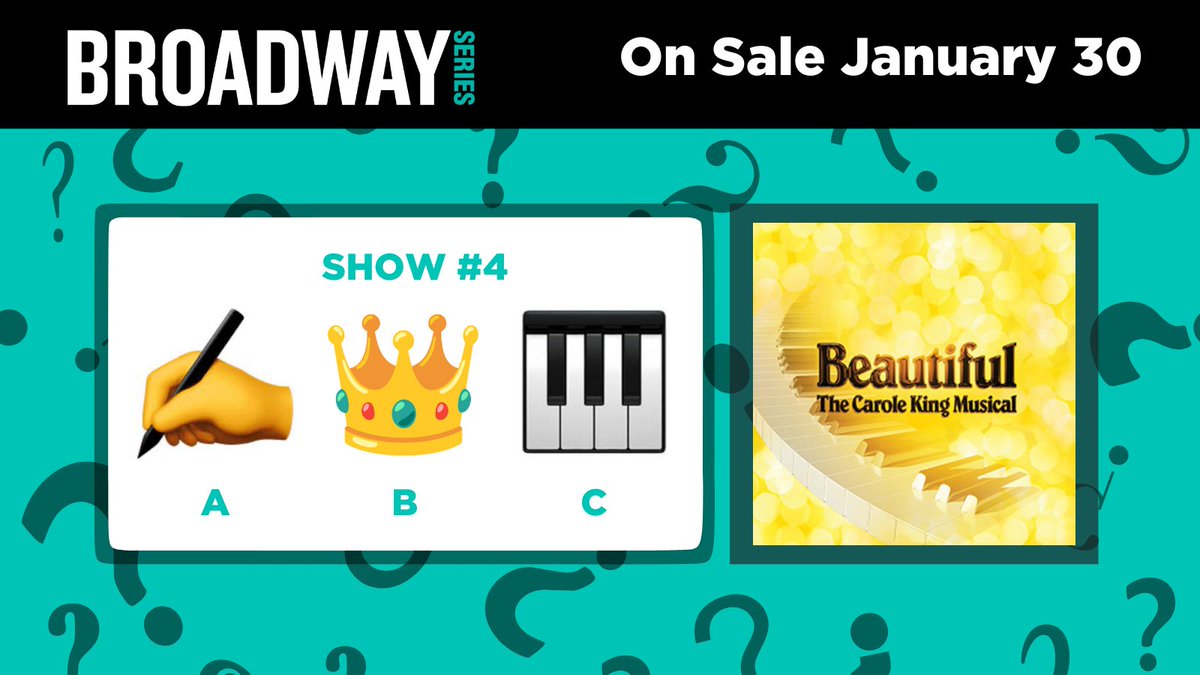 ParamountAurora's tweet photo. The #BroadwaySeries emojis explained!
Hand with Pen: Carole King is a songwriter!
Crown: Represents the King in Carole King!
Piano: Carole King is a musician known for her piano skills!
Subscriptions go on sale January 30! https://t.co/EH8CaU7kc6
#musicaltheater #theater https://t.co/MqkjicHLHN