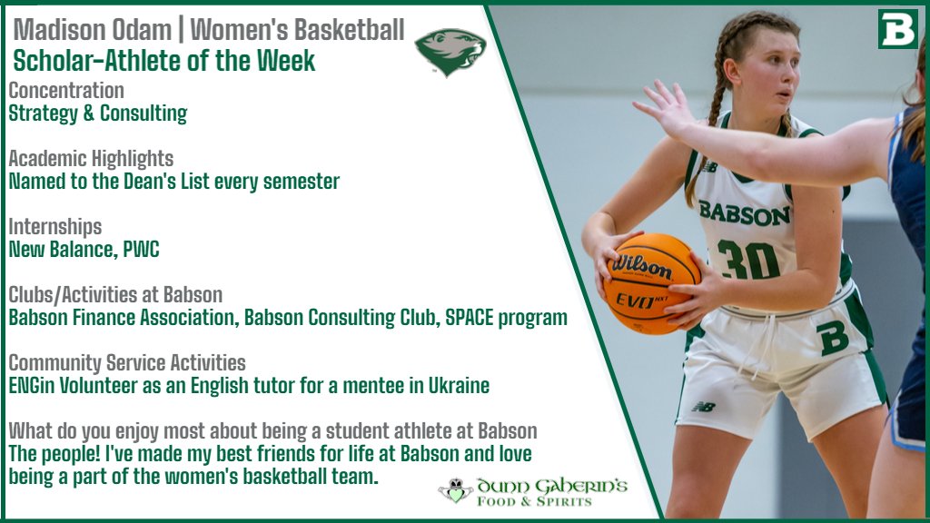 .@babsonwhoops' Odam Chosen as <a href="/DunnGaherins/">Dunn Gaherins</a> Scholar-Athlete of the Week: bit.ly/3JjwliI #GoBabo
