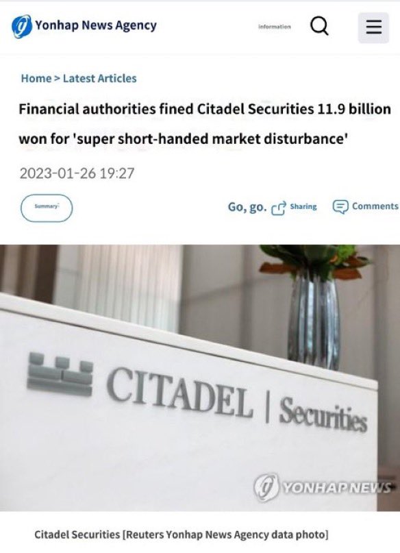 KatStryker111's tweet photo. 🔥Citadel Securities was found guilty of disrupting the market order with high frequency market trading in Korea and was fined 11.88 billion Won for violating the Capital Markets Act.🔥(That’s roughly 9.6 million US) #KenGriffinCrimes https://t.co/Ngtr7yGAjo