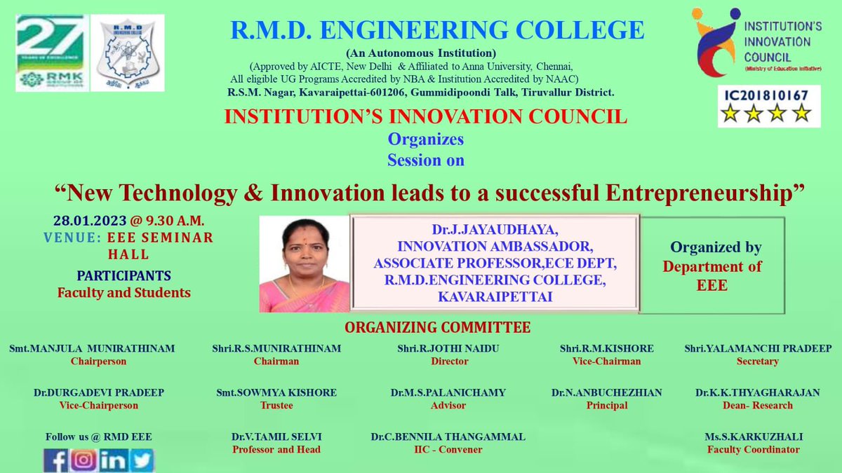 rmdecprincipal's tweet photo. A session on "New Technology &amp; Innovation leads to a successful Entrepreneurship" is organized by the Institution's Innovation Council, R.M.D Engineering College for the Students and Faculty on 28/01/2023 at 9.30 AM

#rmdengineeringcollege #aicte #innovation #entreprenuership https://t.co/Qy7VjW8vut