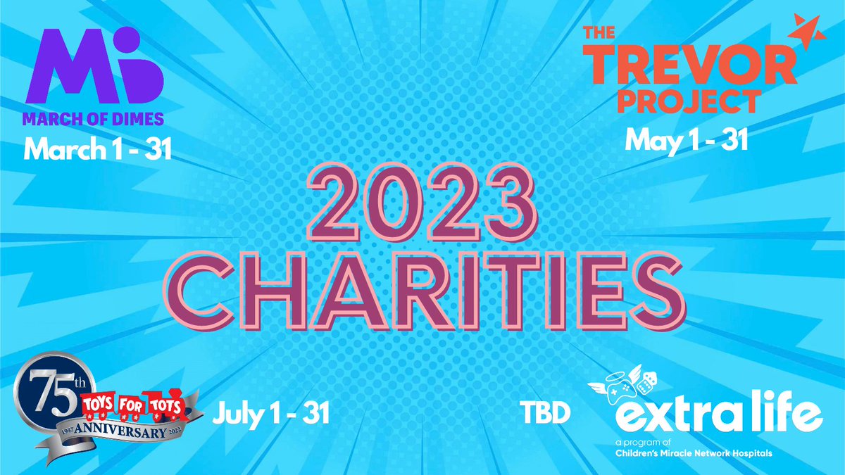 I am happy to announce that in addition to @ExtraLife4Kids I am going to be raising money for @MarchofDimes, @TrevorProject, and @ToysForTots_USA in 2023!! #stream #twitch #twitchstreamer #charities #fundraiser #MarchofDimes #research #charity #gaming #gaming4good