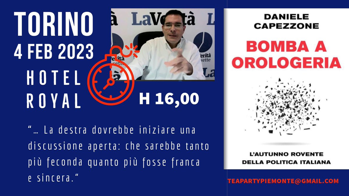 Sabato 4 Febbraio dalle 16 <a href="/Capezzone/">Daniele Capezzone</a> sarà a #Torino a presentare il suo ultimo libro “Bomba ad orologeria” presso l’Hotel Royal, in Corso Regina Margherita n.249
teapartypiemonte@gmail.com
<a href="/nazione_futura/">Nazione Futura Rivista</a>