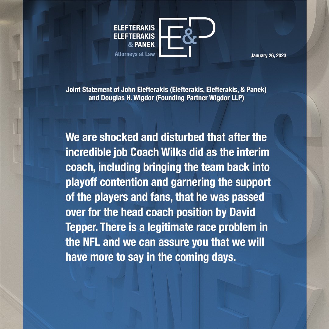 EEPLAW's tweet photo. (2/2)
There is a legitimate race problem in the NFL and we can assure you that we will have more to say in the coming days.

—-
#civilrights #nycattorney #triallawyer https://t.co/o2ywwORlGi