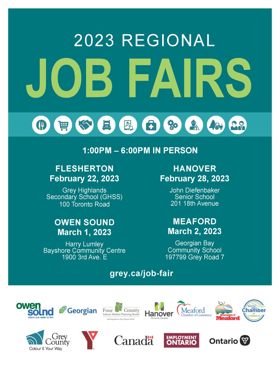 Are you a local business looking to hire valuable team members? Employer registration is now open for the 2023 Regional Job Fairs! During February &amp; March, a total of 4 job fairs will take place in Flesherton, Hanover, Owen Sound &amp; Meaford.

REGISTER NOW: grey.ca/job-fair