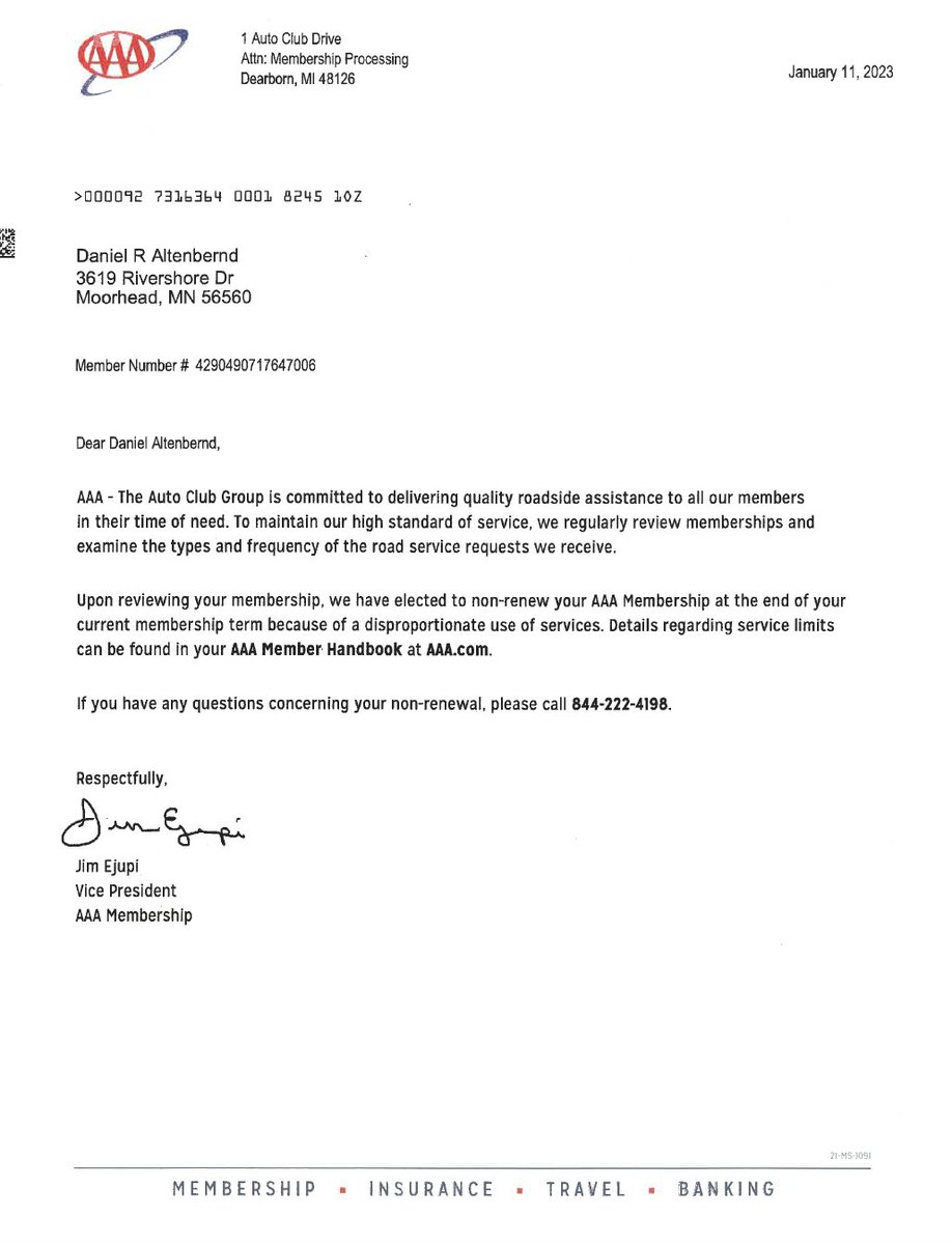 Thank you <a href="/AAAMinnIowa/">AAAMinnIowa</a>  I guess you can actually over-use your paid-for-membership. I've been a member for 21 years, and now my whole family is OUT! Yep, we had more usage this year, but we're "indefinitely" out - is what the phone rep said. <a href="/AAAMinnIowa/">AAAMinnIowa</a> 21 years! #towthis