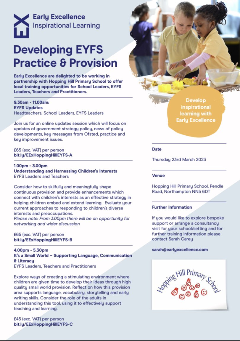 A first look at the flyer for our spring CPD event with <a href="/earlyexcellence/">Early Excellence</a> Thursday March 23rd a day of EYFS updates, understanding and harnessing children’s interests and a twilight of maximising the benefits of Small World. We hope to see you there!