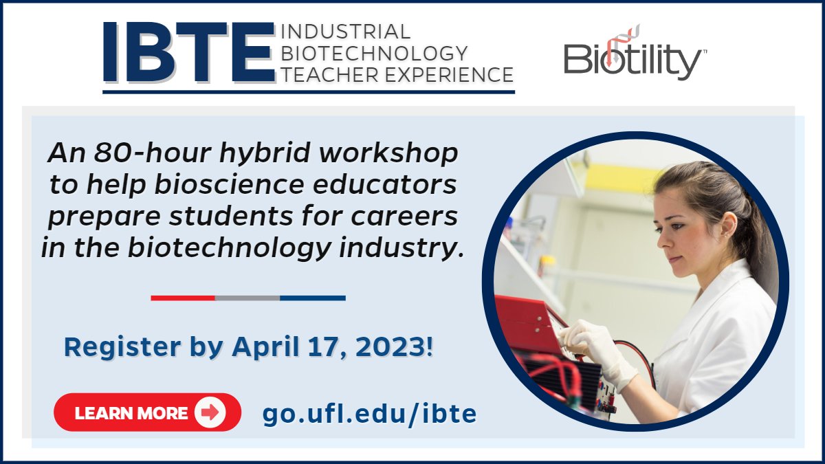 biotility's tweet image. The Industrial Biotechnology Teacher Experience (#IBTE) is a hybrid #professionaldevelopment program providing #scienceeducators with the knowledge and skills to teach #biotechnology curricula to students going into the #bioscience industry. Learn more: hubs.li/Q01y-79M0