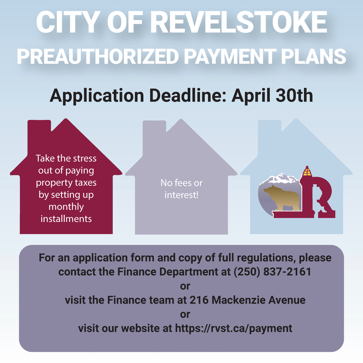 Did you know that you can pay your property taxes through a monthly installment plan? Get details by visiting rvst.ca/payments!
#cityofrevelstoke #propertytax #finance