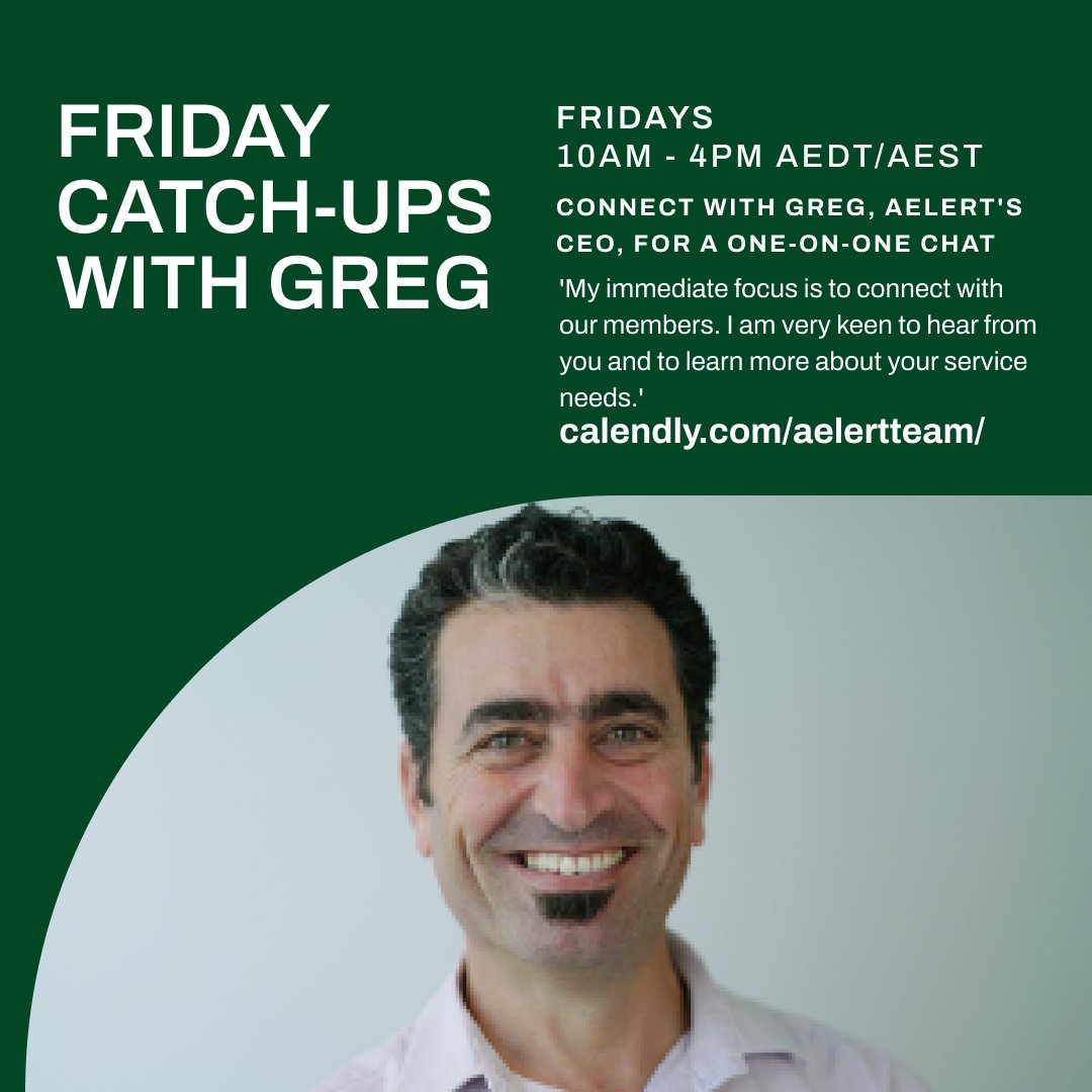 AELERTSec's tweet photo. 💡 Would you like to meet with Gregory Abood, #AELERT's new CEO? He wants to hear from you!
☕ Greg has extended an open invitation to have a one-on-one chat any Friday.
📅 Book in a half hour chat: https://t.co/gNEJGpUxA3
☕ Prospective members or collaborators welcome too!🙂 https://t.co/6Po1pCMXw1