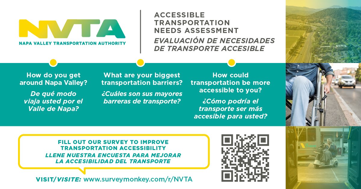 Help us improve transportation in Napa Valley! 🚌🚌🚌 If you have thoughts on how to improve transportation accessibility, please consider filling out this survey, and share this with others! Thank you! 🙌
surveymonkey.com/r/NVTA