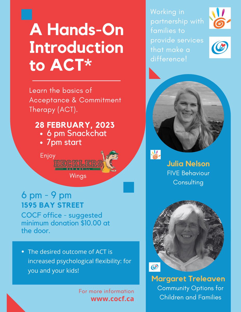 COCF_Community's tweet photo. Hands-On learning of Acceptance and Commitment Therapy (ACT): its goals, how it works, and some ideas for applying ACT. 

Register here: https://t.co/RgYHMlsZmL

#autisumparents #yyj #AutisumAcceptance #learning #education https://t.co/yckuuXmtuc