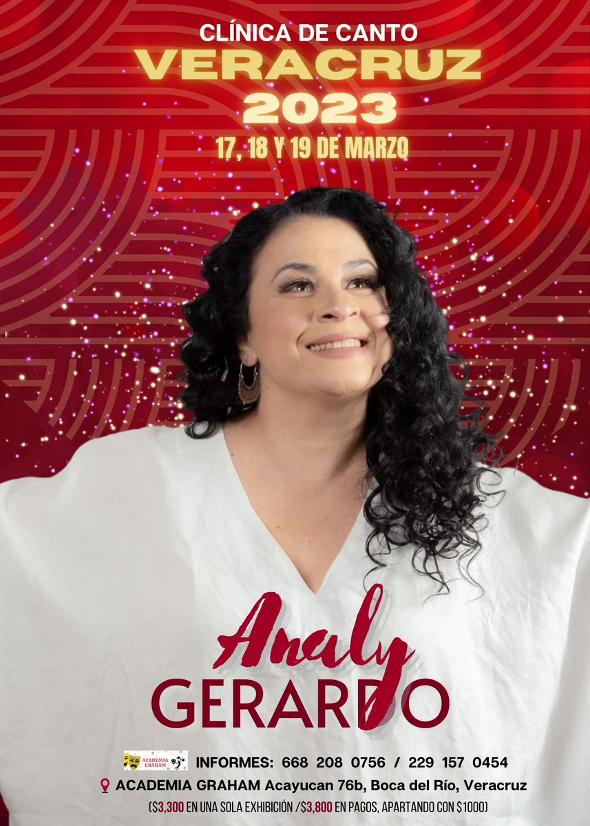 juanherrub's tweet photo. CLÍNICA de CANTO impartida por la extraordinaria maestra 𝗔𝗡𝗔𝗟Y
"La voz Disney"  Cantante y maestra con una gran trayectoria de talla Internacional. 

INSCRIPCIONES ABIERTAS‼️

Informes al 2291570454 whatsapp. 

No te la pierdas!
Marzo 2023
Academia Graham https://t.co/meclXV6Y5a