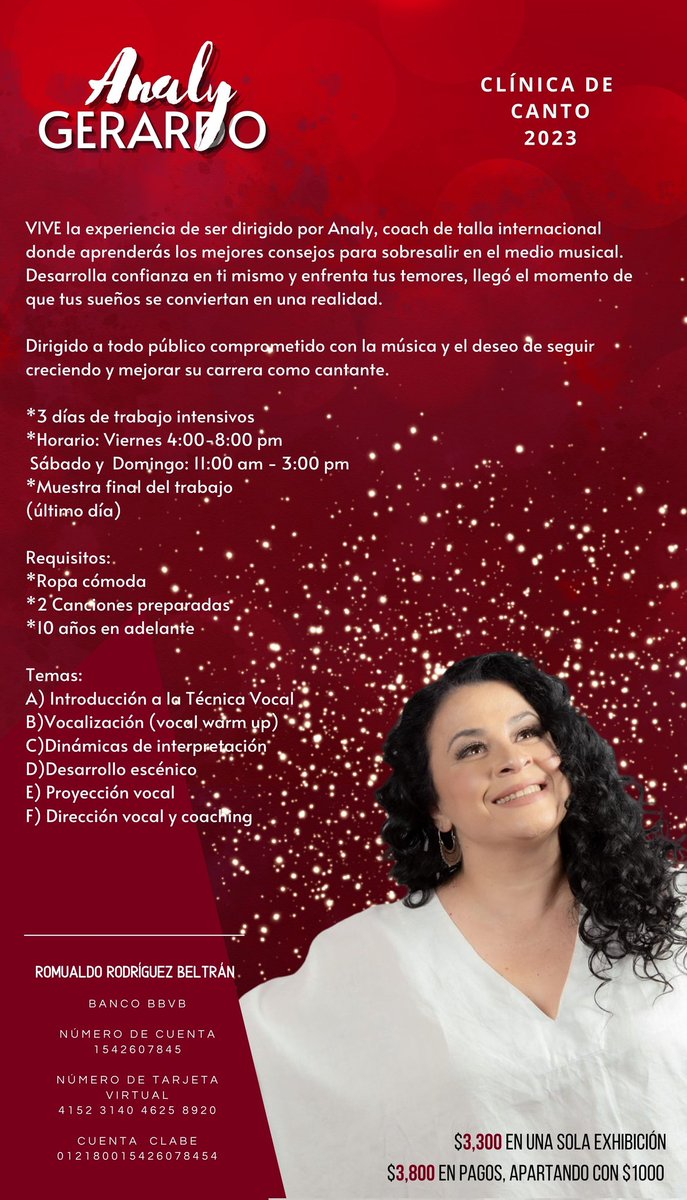 juanherrub's tweet photo. CLÍNICA de CANTO impartida por la extraordinaria maestra 𝗔𝗡𝗔𝗟Y
"La voz Disney"  Cantante y maestra con una gran trayectoria de talla Internacional. 

INSCRIPCIONES ABIERTAS‼️

Informes al 2291570454 whatsapp. 

No te la pierdas!
Marzo 2023
Academia Graham https://t.co/meclXV6Y5a