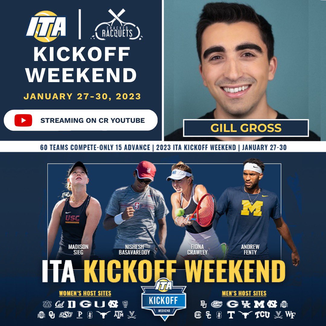 CrackedRacquets's tweet photo. Syracuse @NewhouseSU grad, @TennisChannel commentator, @usopen radio 🎙️, and most prestigiously, former #USOpen ballboy @Gill_Gross will be joining this weekend’s #ITAKickoff coverage.
Where will you be?
Join us Jan 27 - 30: https://t.co/MhtEcs9o7j https://t.co/SZlVFsdZaG