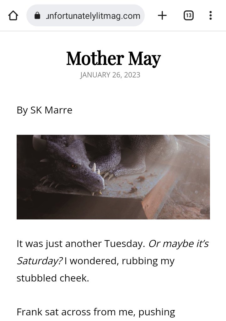 One of my short stories was just published over at <a href="/UnfortunatelyLM/">Unfortunately, Literary Magazine</a> . 🎉

Nathalie, the editor in chief, was spectacular to work with and I feel fortunate to be published alongside so many other talented authors. 

unfortunatelylitmag.com/2023/01/26/mot…