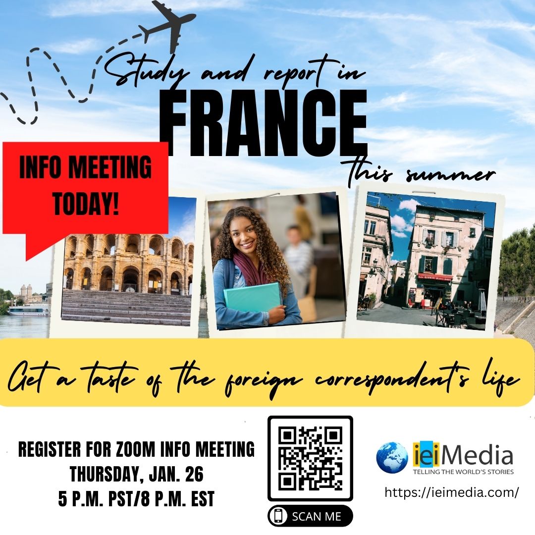 ieiMedia's tweet photo. Hey college media students: Join us TODAY to learn more about our summer #reporting and #photojournalism #studyabroad program in Arles, France. We already have participants from @iowastatedaily, @thedbk, @GGXnews, @theoakleafnews, @OUDaily, @GlobeSLCC and other college newspapers https://t.co/eEh7awpjiN