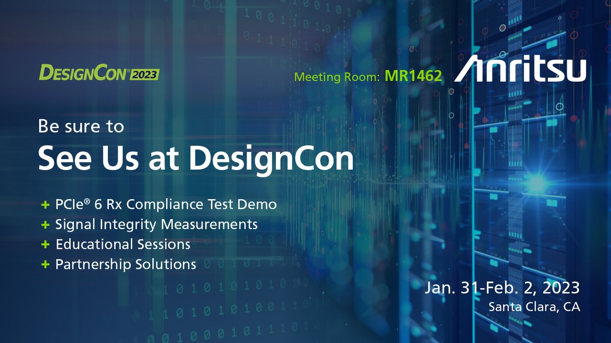 Anritsu's tweet photo. During #DesignCon next week, #Anritsu will demonstrate the first single-instrument solution to support the new #PCIe6 Base Spec. Receiver Test. Learn more about this demo, which will feature the Signal Quality Analyzer-R MP1900A: https://t.co/Xmcv3xkeLM 

#PCIe #DesignCon2023 https://t.co/EhCN1zj2eI