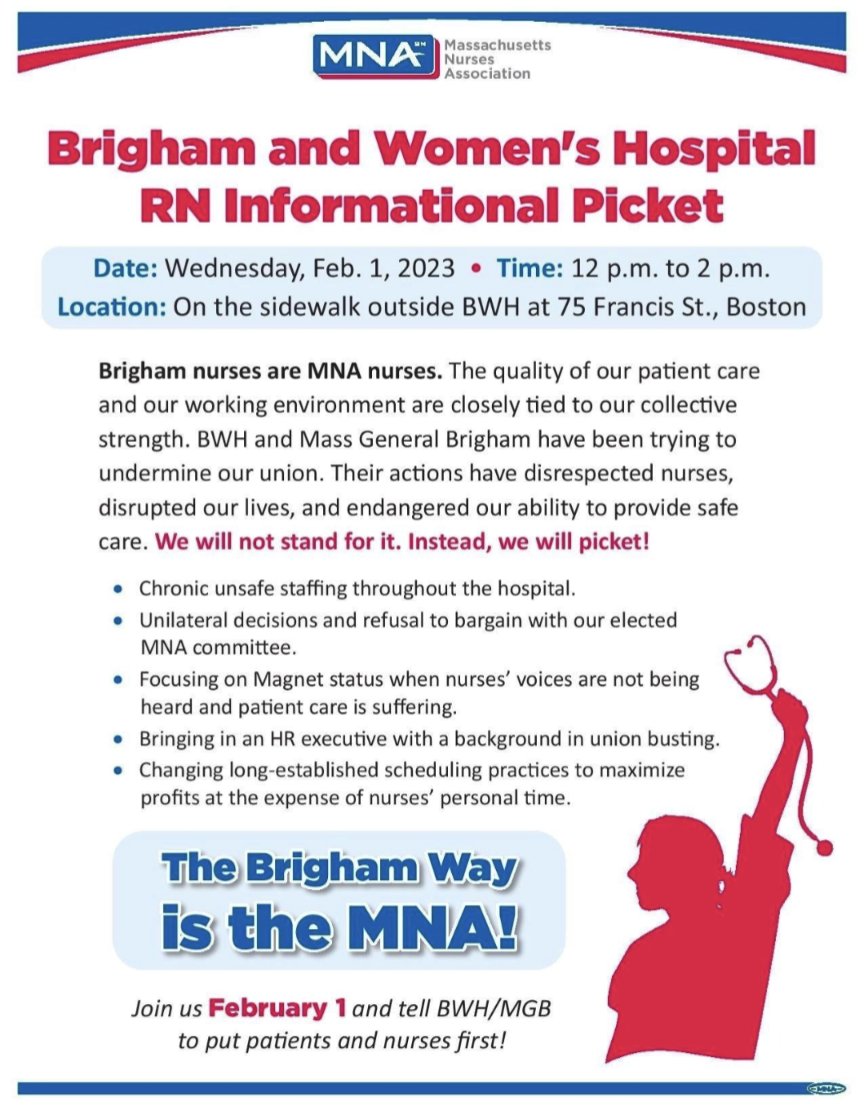 .<a href="/MassNurses/">MNA</a> are picketing next Wednesday to speak out against unsafe conditions and union busting at Brigham &amp; Women's. Join them on the picket line on 2/1, 12-2pm to tell BWH/MGB to put nurses and patients first!