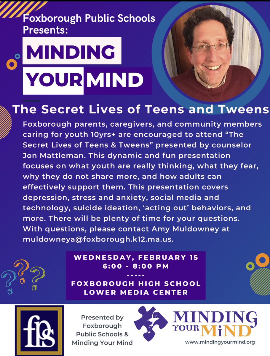 ATTENTION <a href="/FoxboroughPS/">FoxboroughPS</a> families and community members:

We’re excited to welcome both <a href="/SafeCoalitionMA/">S.A.F.E Coalition</a> (5:00-6:00) for the Hidden in Plain Sight exhibit and @MindingYourMind “The Secret Lives of Teens and Tweens”(6:00-8:00) on February 15, 2023!!! 
Refreshments will be served.