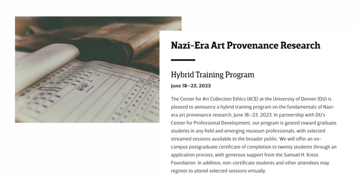 We're offering a hybrid postgraduate certificate program on Nazi-era art #provenance research, June 18-23, with support from @KressFdn. Application information available: liberalarts.du.edu/art-collection…. Learn from a wide range of experts, including @historyofmack <a href="/artbreakhotel/">Renée Albiston</a> Join us!