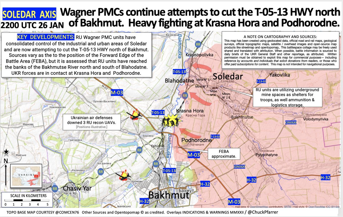 SOLEDAR AXIS /2200 UTC 26 JAN/ RU Wagner PMC units have consolidated control of Soledar and are now attempting to cut the T-05-13 HWY north of Bakhmut.  It is assessed that RU units have reached the banks of the Bakhmutse River north and south of Blahodatne.