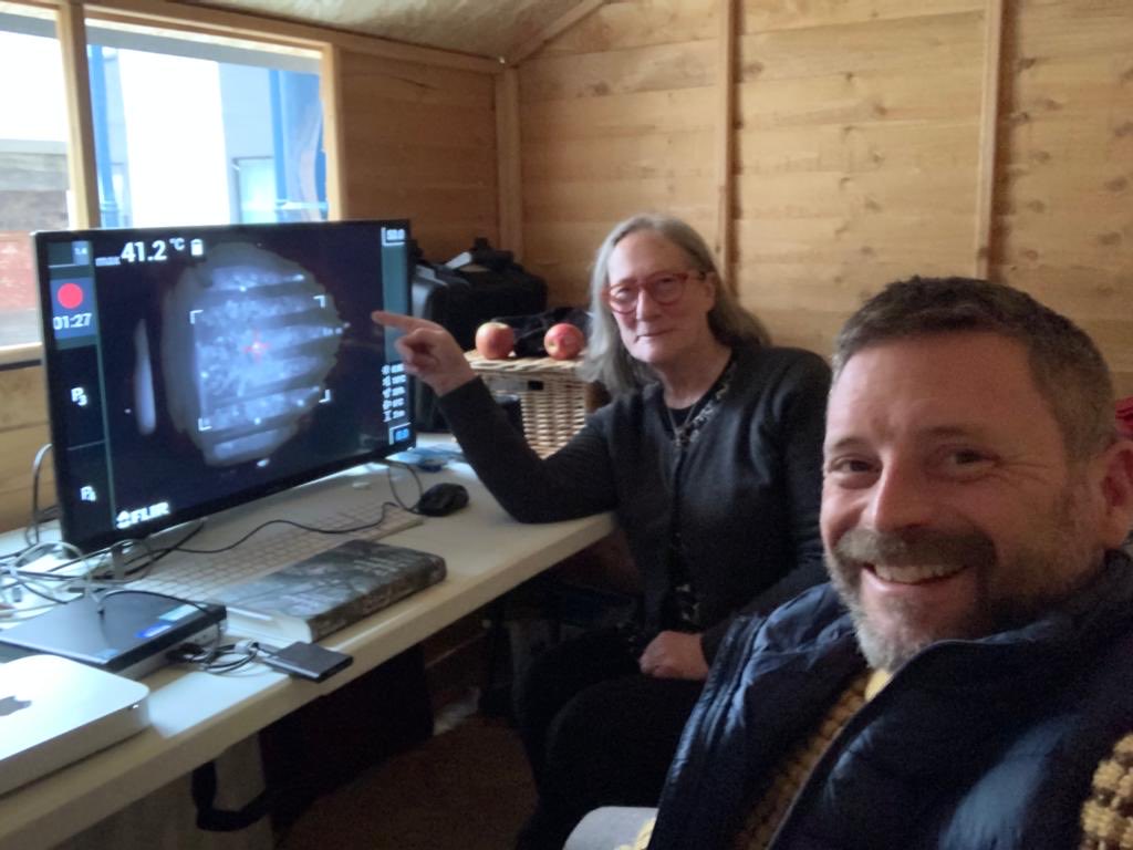 pmnogue's tweet photo. Our zombie faces at the end of 24 hours staring at bees. It never fails to make us smile !!See how the cluster has opened. It shut down quickly as cold rain came tho. ⁦@BeekeepersHour⁩ and thanks to ⁦@ClimateActionNE⁩ we now have a cosy shed ! https://t.co/KYqOOeUKbx