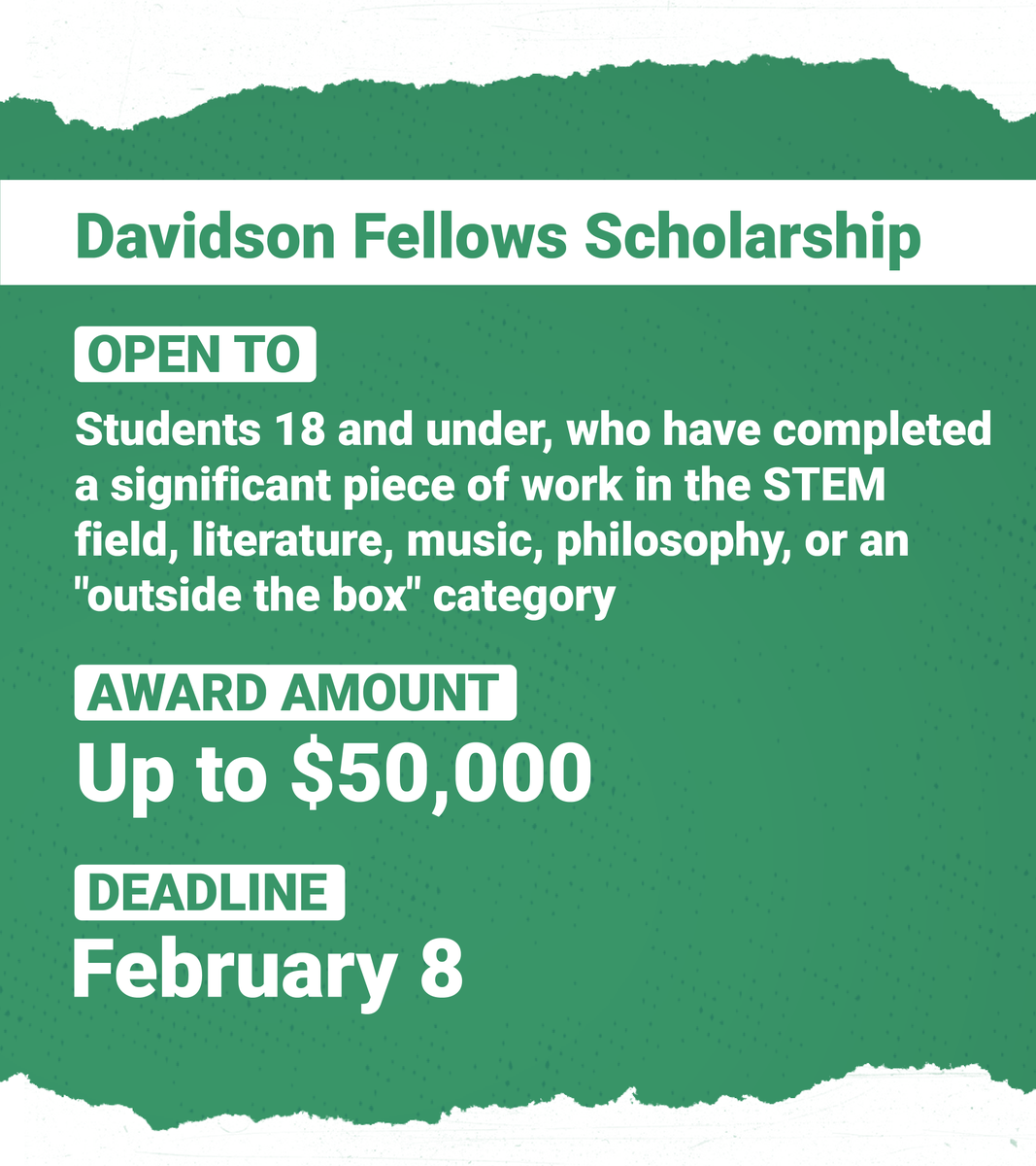 CollegeBoard's tweet photo. These #scholarships are now open!

💵 SWE: https://t.co/bINAWYpsJZ
💵 Davidson Fellows: https://t.co/1pnDi9mdug
💵 COPA: https://t.co/f7OZgVL6pZ
💵 HSF: https://t.co/0lFqvUrfA1

You can use BigFuture to match with more scholarships: https://t.co/0cUnaUZ6Ag https://t.co/2XB6bnT5nz