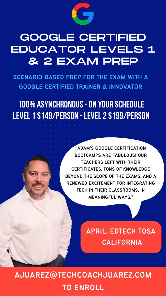techcoachjuarez's tweet photo. Google Certified Educator Levels 1 & 2 Exam Prep Bootcamps (Asynchronous)
https://t.co/E5Jjba7GJ0
Level 1: $149/person
Level 2: $199/person
#FETC23 #notatfetc #cvtechtalk #fetc #tcea #tcea23 #edchat #edtech #googleforedu #wearecue @GoldCoastCUE #roxnard https://t.co/Qp3uSrfjb6