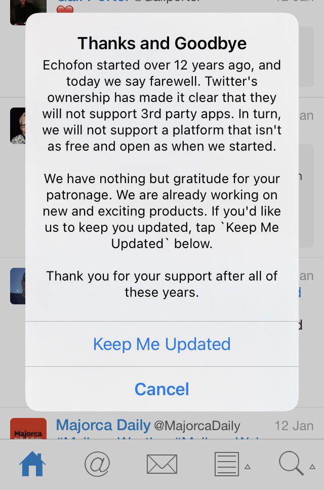 tonybalmforth's tweet photo. This is strangely sad. I’ve used Echofon Pro since the start and it made Twitter more simple, streamlined and logical. Now it is no more and it feels like a big step backwards. #echofon https://t.co/aucN1UXLEV