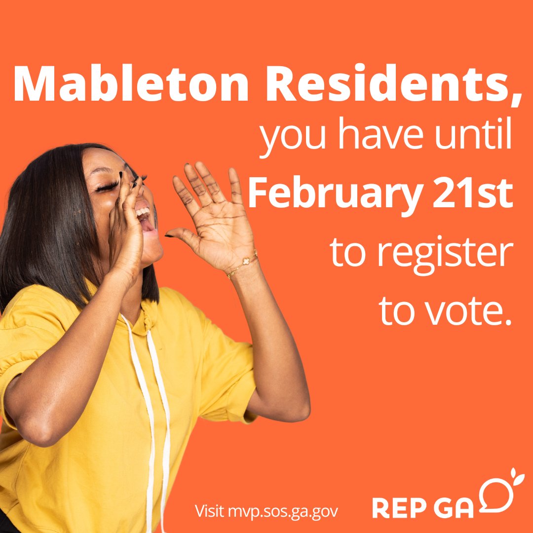 Rep_GA's tweet image. 🗣 Calling all #Mableton peaches!

You have the chance to choose the city's first-ever elected officials this spring. A special election is set for Tuesday, March 21, to decide the mayor and city council members.

Click ow.ly/IkXS50MxNiu to get registered to vote.