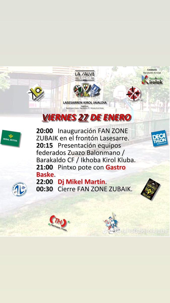 Ikhobakirolklub's tweet image. LASESARREN KIROL JAILADIA

ZuBaIk

Viernes 27 de Enero 22:00 horas.
Frontón Lasesarre.

Estimados aficionad@s,

Hay que mover el cuerpo y no solo con el deporte. Por eso, nuestro DJ Mikel Martín amenizará la velada del viernes 27 de enero en el frontón Lasesarre desde las